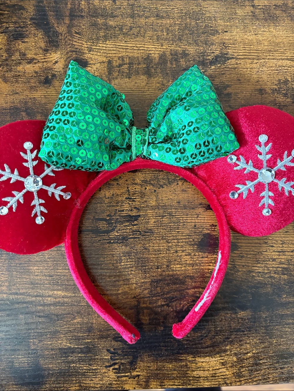 Disney Red Ear Headband with Green Sequin Bow